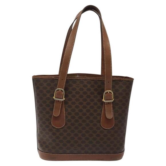 CELINE Macadam Canvas Hand Bag PVC Leather Brown Gold Auth 122273